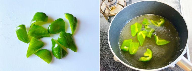 ピーマンを乱切りにして味噌汁を作る様子