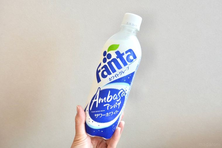 グレーの壁とアンバサファンタの白と青色のペットボトルを手に持つ様子