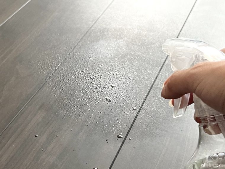 フローリングの床に炭酸水を吹きかけた様子