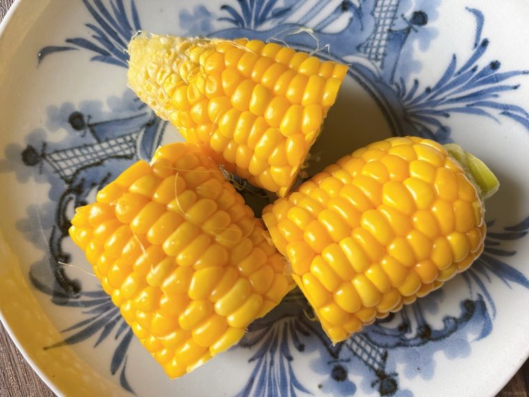 和皿に盛られた鍋でゆでたとうもろこし