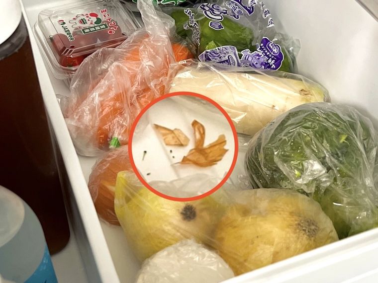 玉ねぎの皮で汚れた野菜室