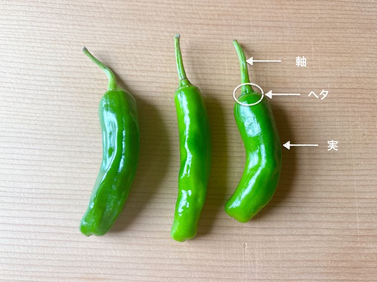 並べたオクラに部位を記したもの