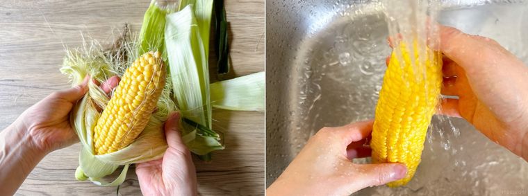 とうもろこしの皮むいてから流水でやさしく洗い流す様子