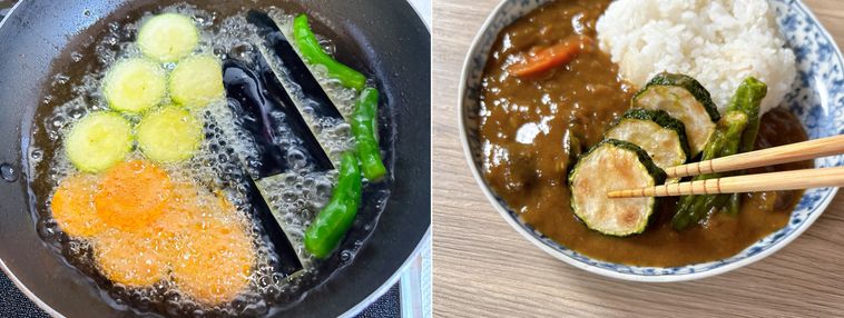 野菜を素揚げして盛り付ける様子