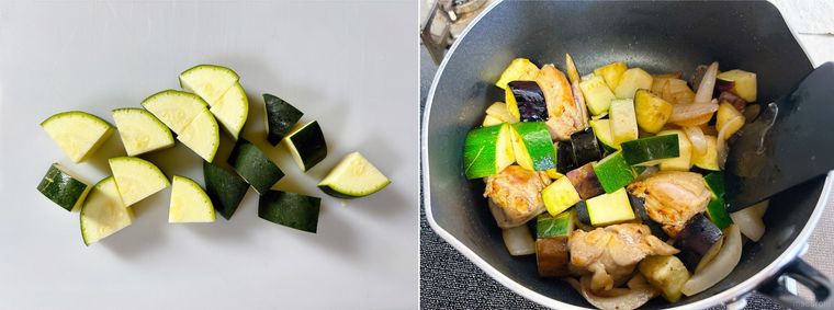 ズッキーニをカットし、ほかの野菜と同時にズッキーニを炒める様子