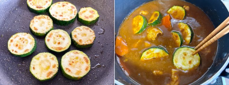 炒めたズッキーニをカレーができあがる前に入れる様子