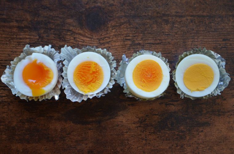 それぞれの時間蒸した卵を、切って並べた比較写真2