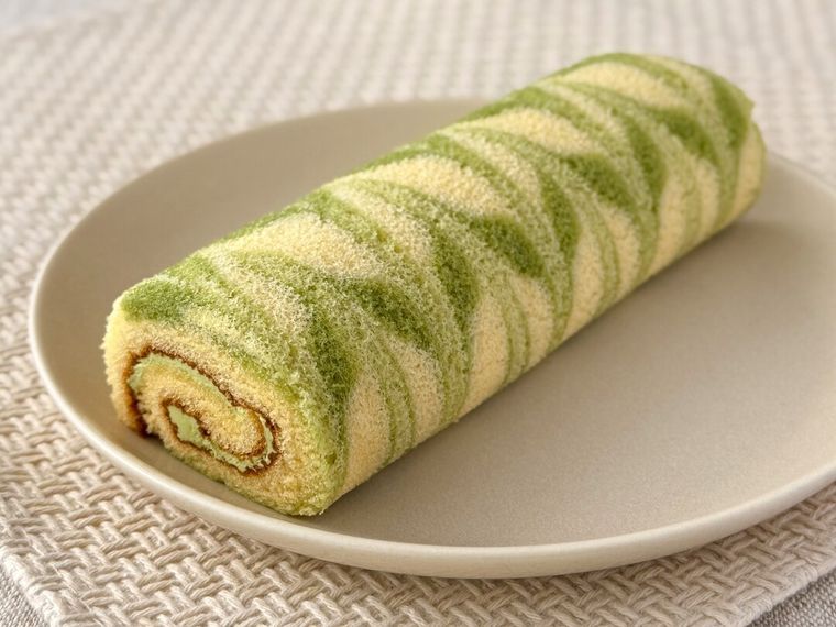 白皿にのった「リーフィアのはっぱカッターロールケーキ（抹茶ミルククリーム）」