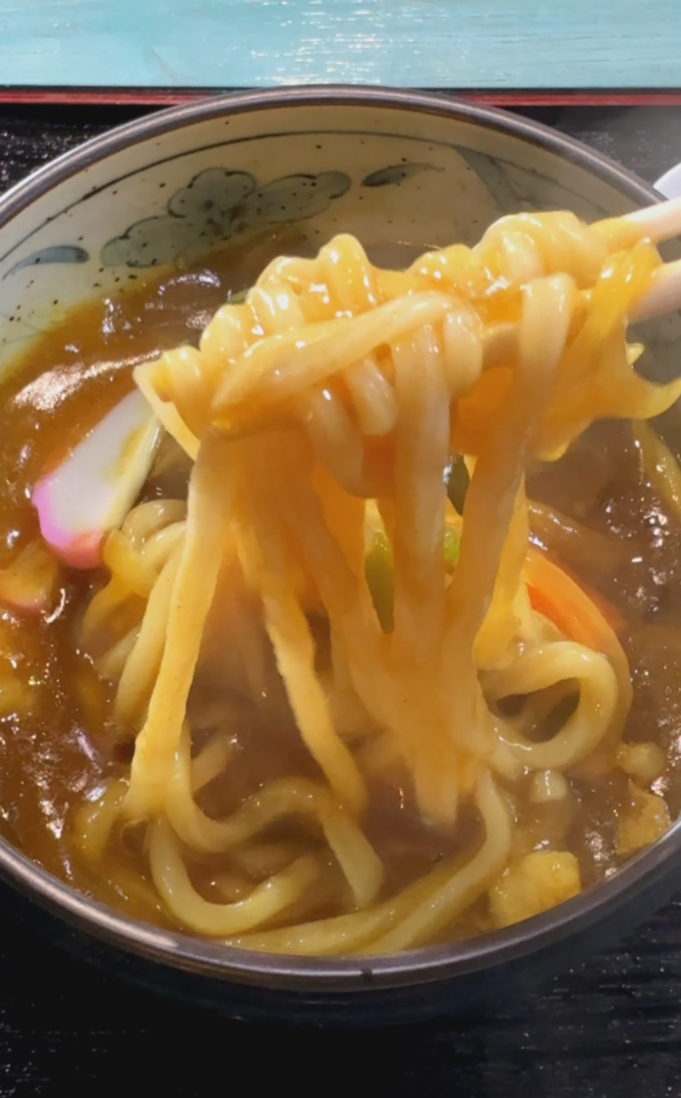 うどんを箸で持ち上げている