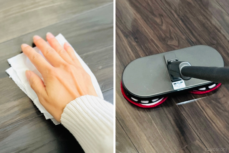 不織布キッチンタオルと電動モップで床を掃除している様子