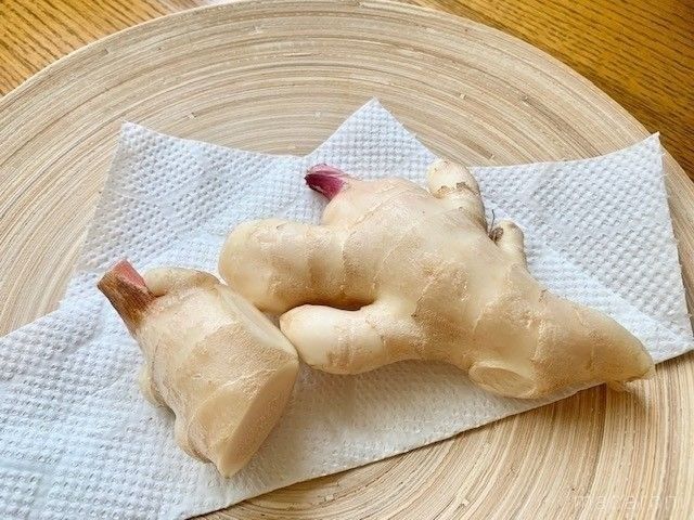 キッチンペーパーの上におかれた新生姜