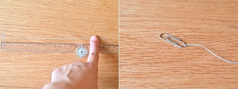 糸の長さをはかっている様子と糸が結びつけられたクリップ