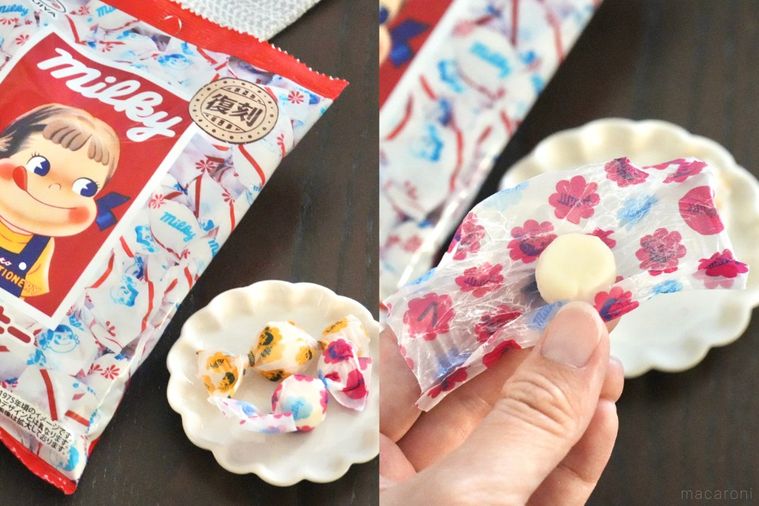 白い小皿にのった包み紙のミルキーと手に持つ様子