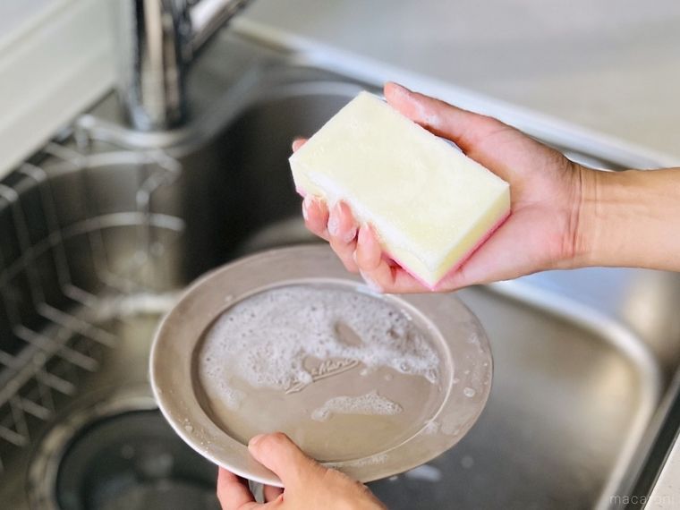 皿と食器用スポンジを手で持っている様子