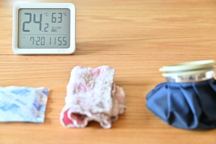 実験開始1時間後の保冷剤、冷凍タオル、氷のう