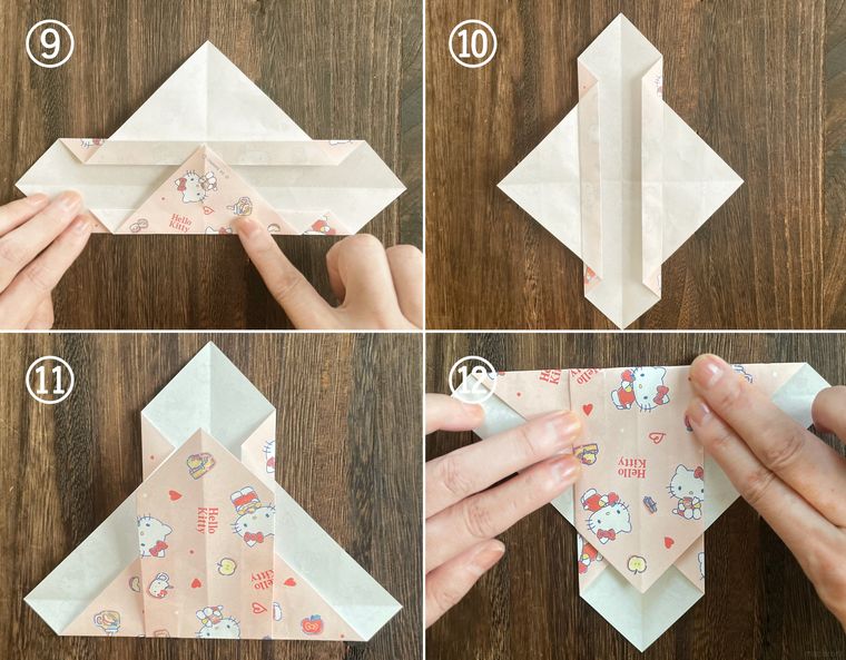 折り紙を折って紙袋を作っている写真