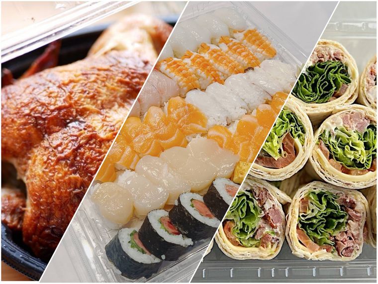 コストコのロティサリーチキン、寿司ファミリー盛48貫、ハイローラーBLTのコラージュ