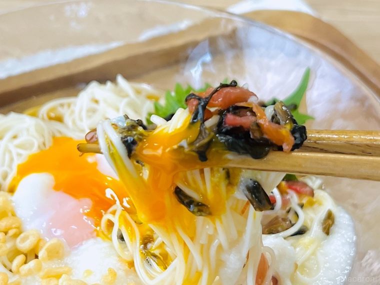 ご飯がすすむ 梅広島菜、温泉卵、とろろ、天かす、大葉がのったそうめん