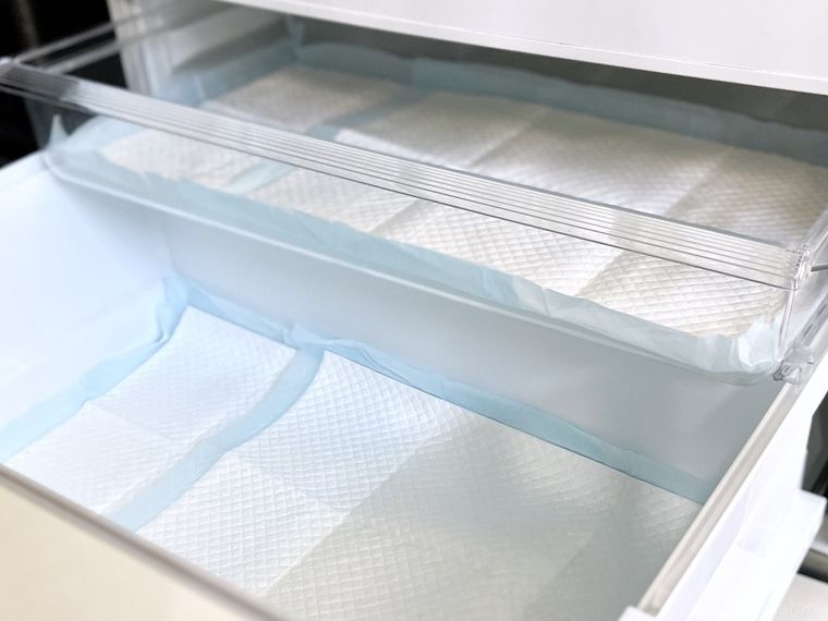 冷蔵庫の野菜室にペットシーツを敷いた様子
