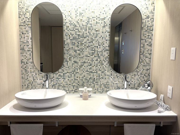 2台の洗面ボールと鏡が設置された洗面台