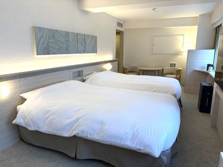 ツインベットが置かれたサウナ付き客室の部屋