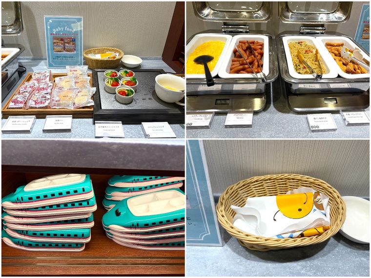 お子さまメニューと新幹線型のお皿やビニールスタイ