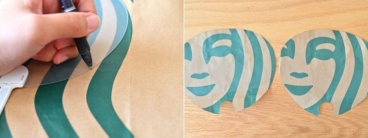 紙袋に型をとっている様子と2枚のうちわ用紙