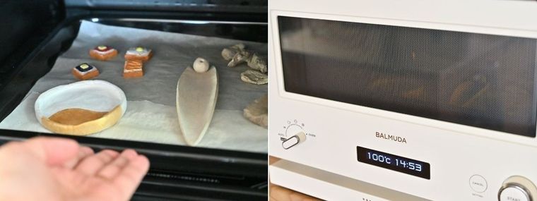 色を塗った粘土作品をオーブンで焼いている