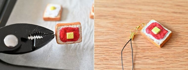 オーブンねんどで作ったパンにヒートンとストラップをつけている