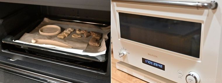 粘土作品をオーブンで焼いている