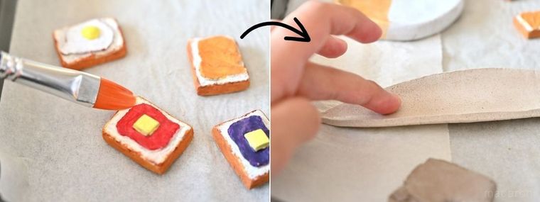 粘土作品にコート剤を塗り、乾き具合を触って確認している