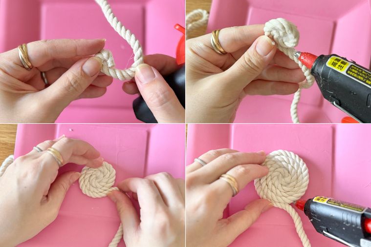 ロープとグルーガンでコースターを作る様子