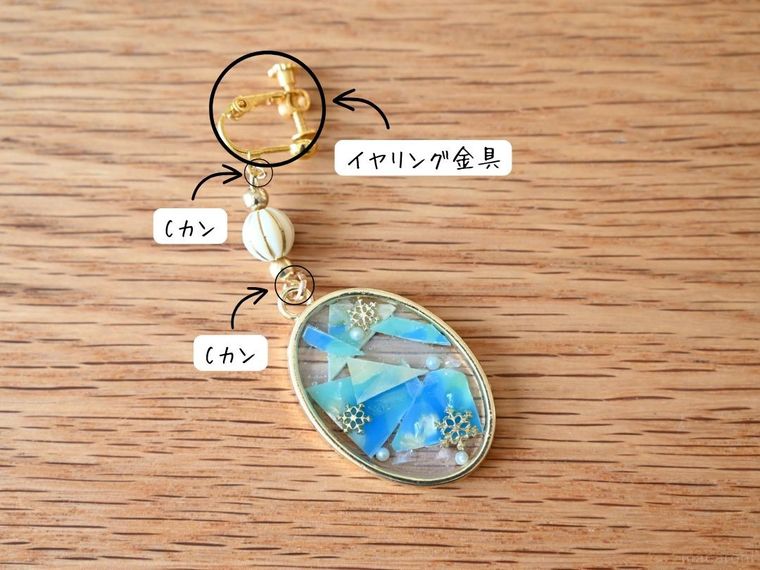 完成した青色イヤリングに部品名をつけている