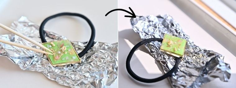 緑色のプレートをデコり、日なたに置いて硬化させている