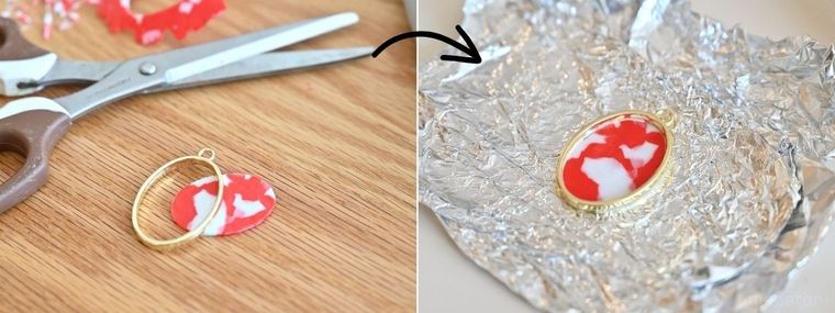 赤白のプレートをカットし、空枠にセットしている