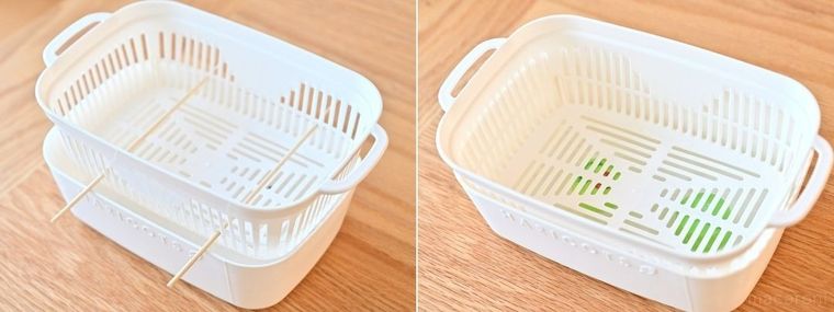 豆苗プランターのザルを2種類の方法で底上げしている