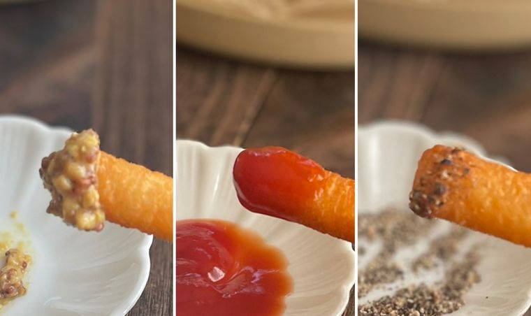 ケチャップやマスタードをつけたカリカリチーズスティック