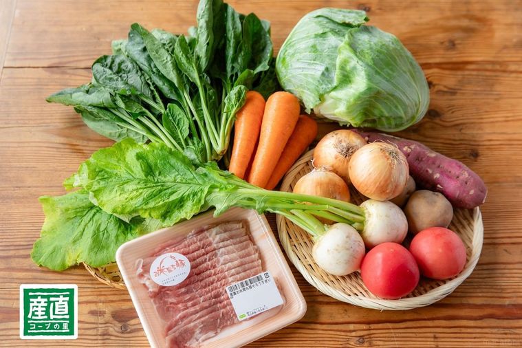 カゴに盛られた野菜、パックの肉