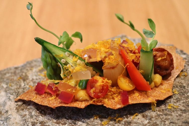 石の上に鮮やかな料理