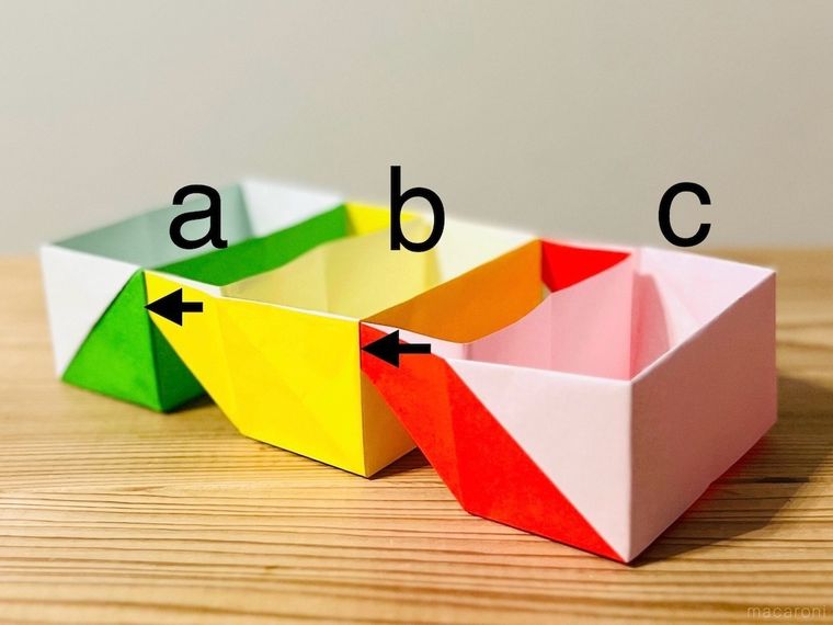 緑色、黄色、赤色の折り紙で作った3つの箱を連結させている様子