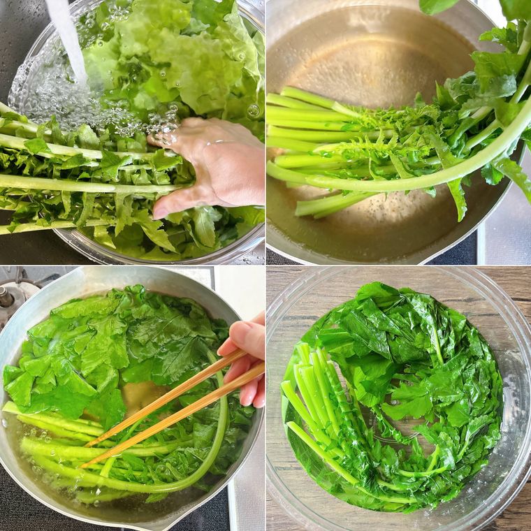 大根の葉っぱを下ゆでする様子