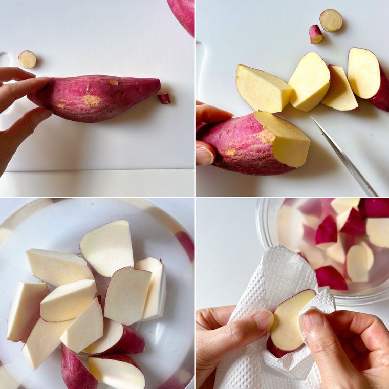 さつまいもをカットして水にさらし、水気を拭き取る様子