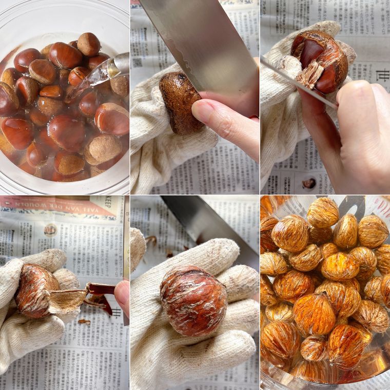 栗の鬼皮をむく様子