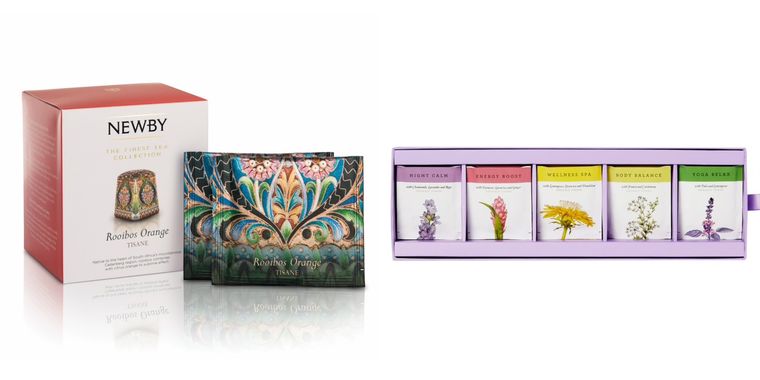 ニュービールイボスオレンジのティーバッグボックスとウェルネス・コレクションのティーバッグセットが置かれている
