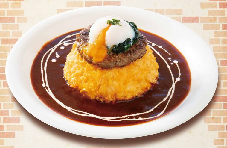 2. とろり月見ハンバーグのデミグラスオムライス