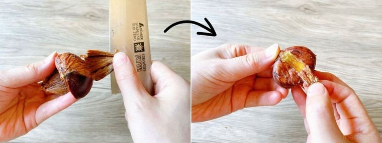 包丁を使って鬼皮を剥いている画像と、手で渋皮を剥いている画像
