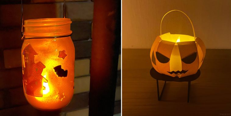 屋外とスタンドに設置したハロウィンランタン