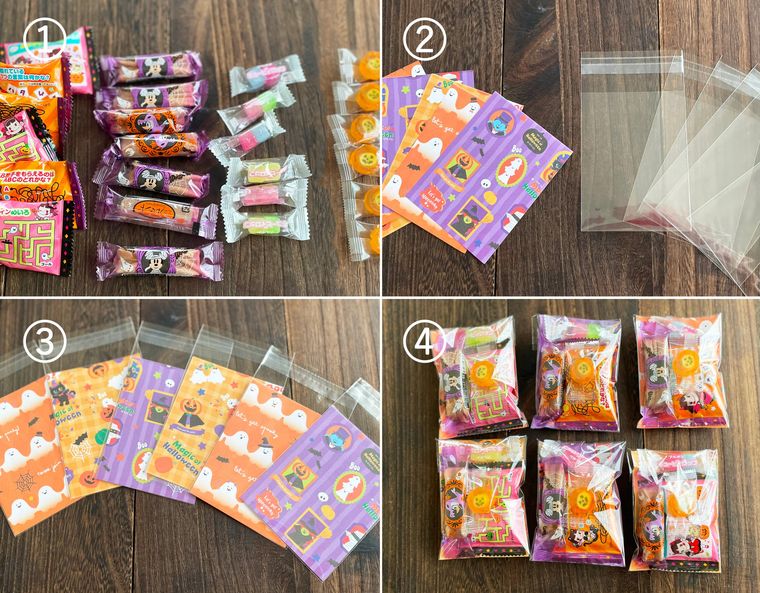 ハロウィンお菓子の大量ラッピングの手順をコラージュ画像で紹介