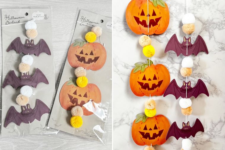 セリア ハロウィン吊り下げぽんぽんガーランドのパッケージと中身