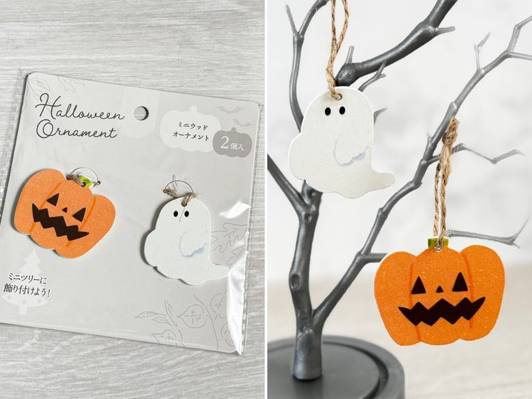 セリアハロウィン ミニウッドオーナメント 2個入のパッケージとデコレーション例
